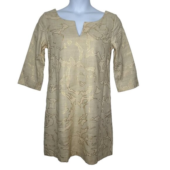 J Crew Shift Dress Silk Linen Blend Beige Gold Design Pockets Size 10 - Picture 1 of 10